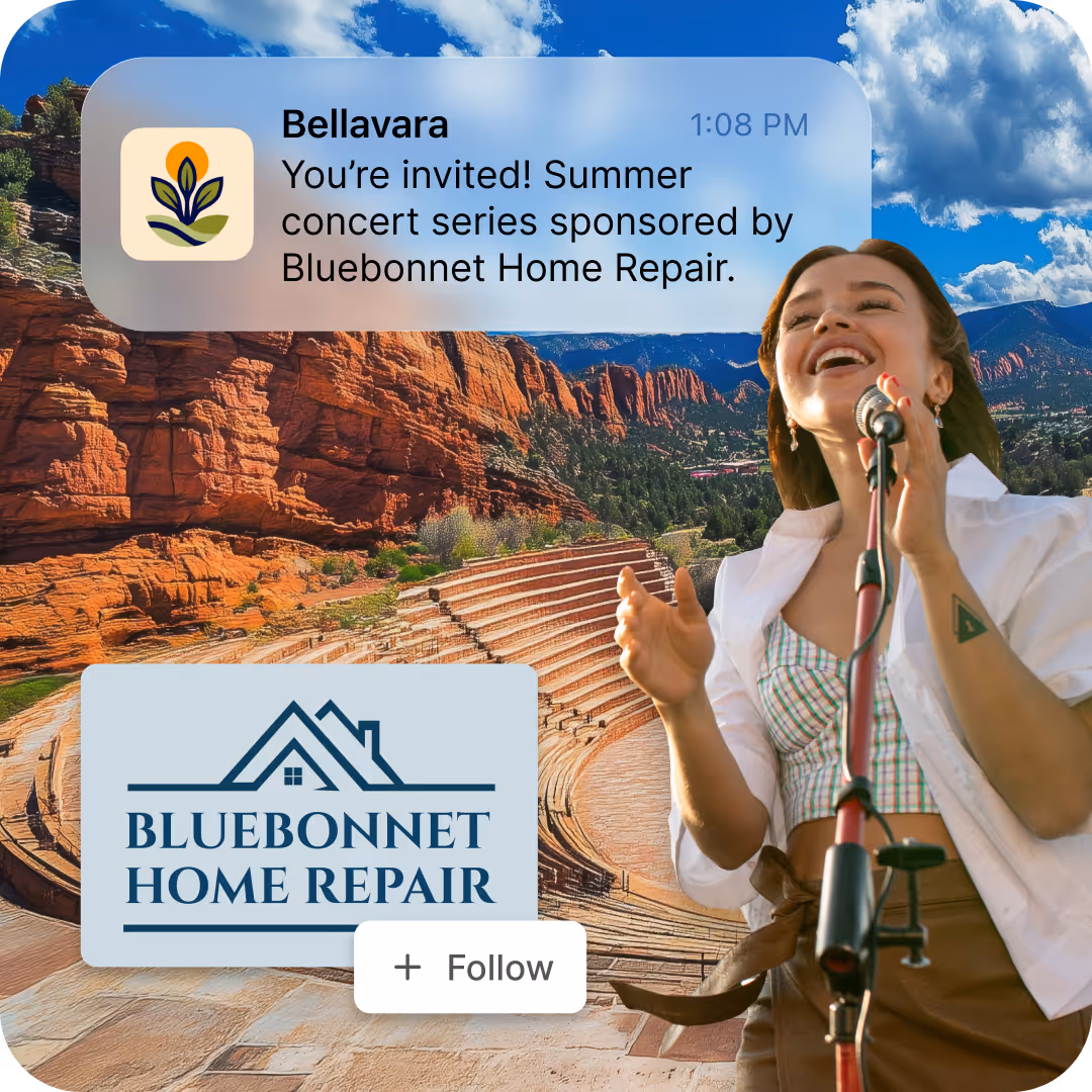 Woman joyfully singing at outdoor amphitheater with Bluebonnet Home Repair concert invite.