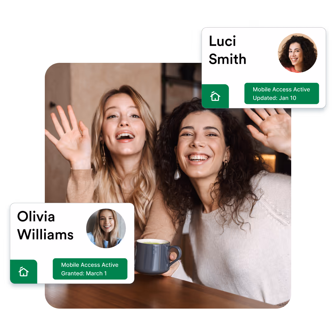 Two women smiling and waving with overlay cards showing mobile access status for Luci Smith and Olivia Williams.