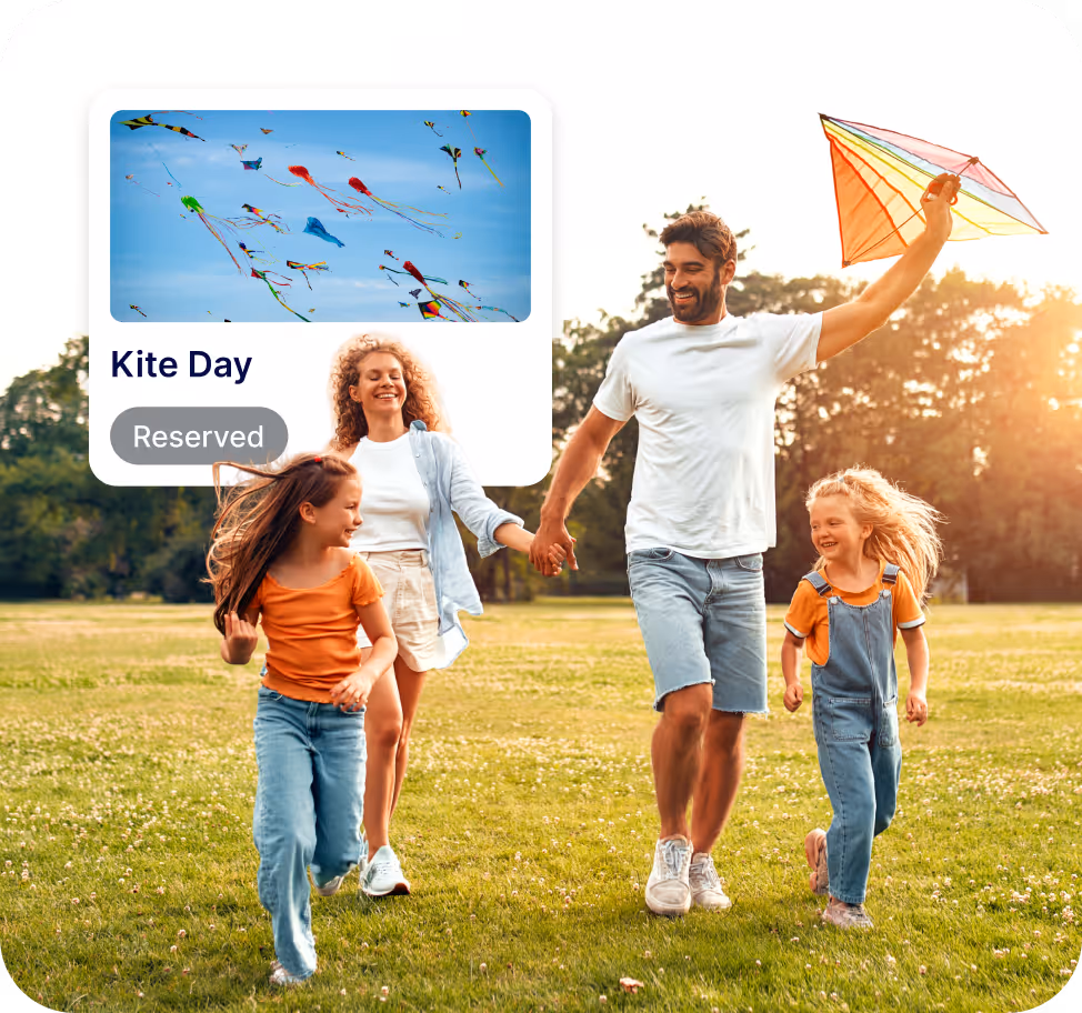 Happy family running in a grassy park at sunset with a man holding a colorful kite, and an inset image of multiple kites flying in a blue sky labeled 'Kite Day' with a 'Going' status badge.