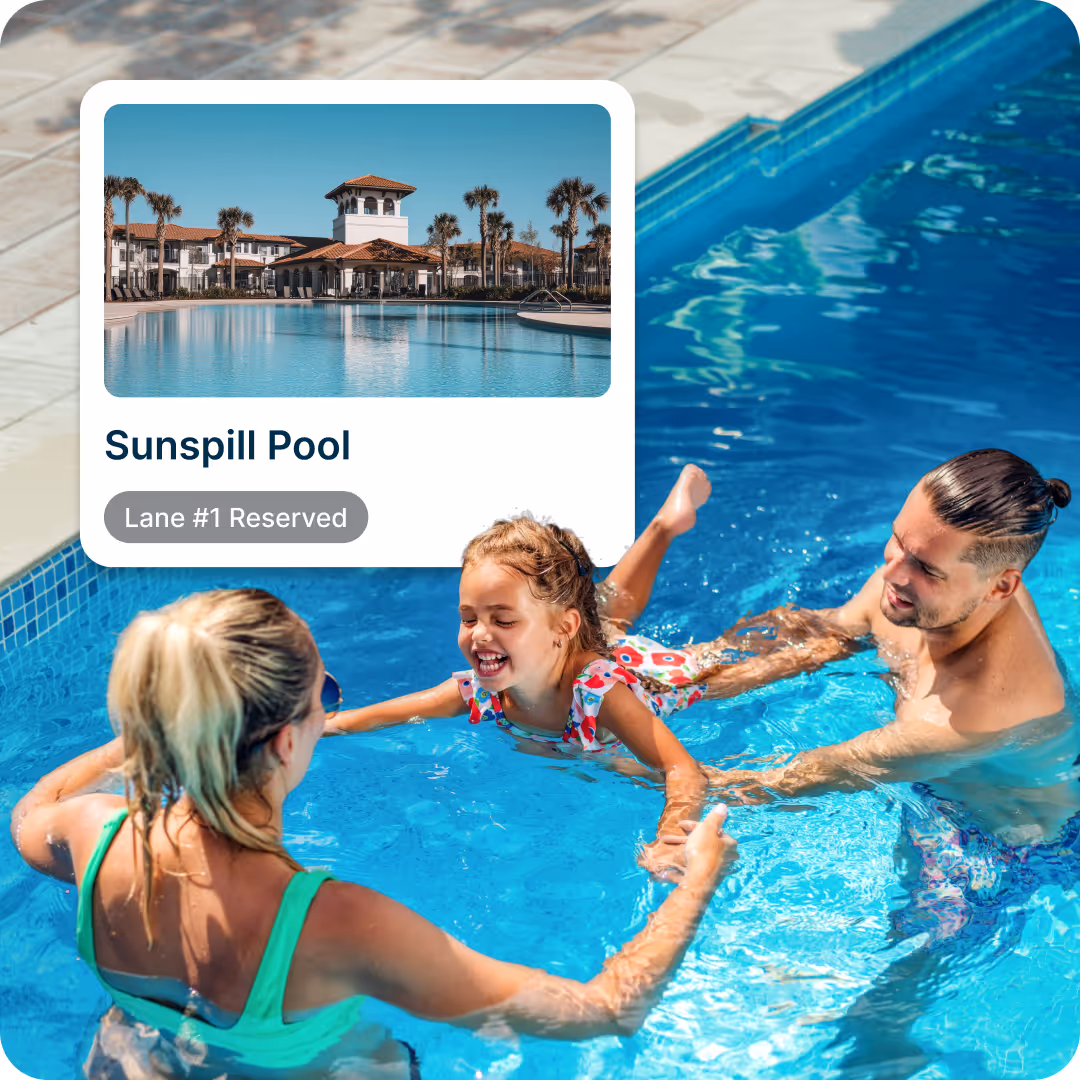 Two adults holding a smiling young girl in a swimming pool with an inset image labeled 'Sunspill Pool' and a green notification saying 'Sunspill Lane #1 Reserved'.