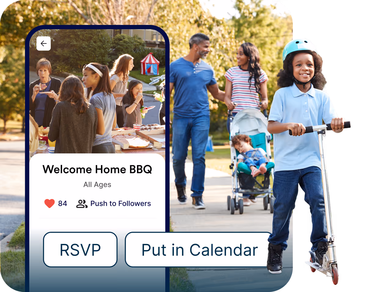 Boy wearing helmet riding scooter with family walking behind and BBQ event RSVP on phone screen.