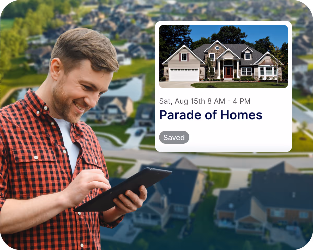 Smiling man in red plaid shirt using a tablet with a Parade of Homes event card showing a house.