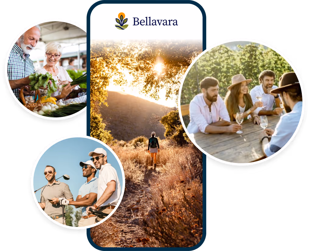 Bellavara app on phone showing hiking, surrounded by circles of people shopping, golfing, and dining outdoors.