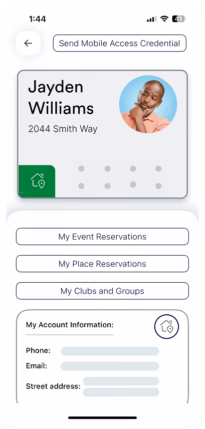 Mobile screen showing user Jayden Williams with address and menu options for reservations and account info.