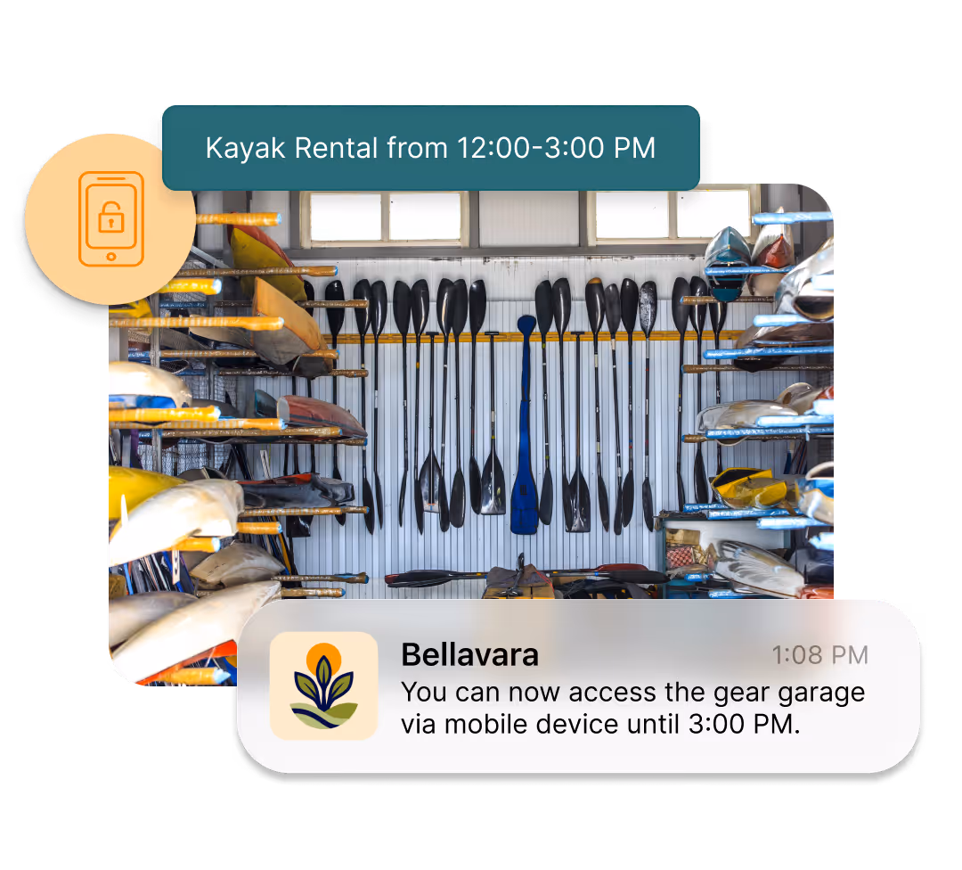 Kayaks and paddles stored in a gear garage with mobile-access notification for kayak rental hours.