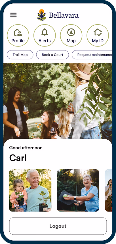 Mobile app screen showing Bellavara profile with people socializing, greeting Carl, and logout button.