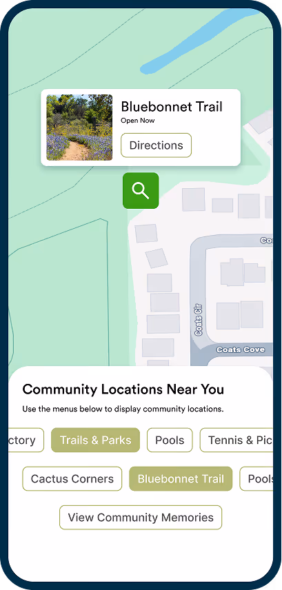 Mobile map showing Bluebonnet Trail with a directions button and options for community locations below.