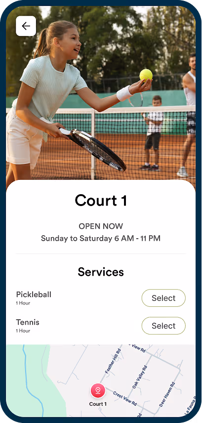 App screen showing Court 1 open hours, pickleball and tennis services, and a location map below.