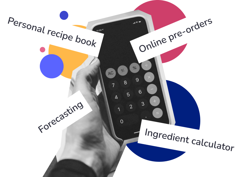 A mobile phone with callouts: Personal recipe book. Online pre-orders. Forecasting. Ingredient calculator.
