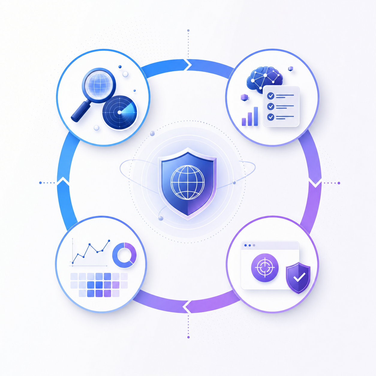 A circular workflow diagram showing four interconnected phases of digital brand protection: discovery phase with scanning and monitoring symbols, analysis phase with AI validation and classification icons, action phase with takedown and enforcement imagery, and monitoring phase with tracking and pattern recognition elements. Modern cybersecurity aesthetic with blue and purple gradient, abstract icons, professional technical illustration style, clean geometric flow showing the continuous cycle.