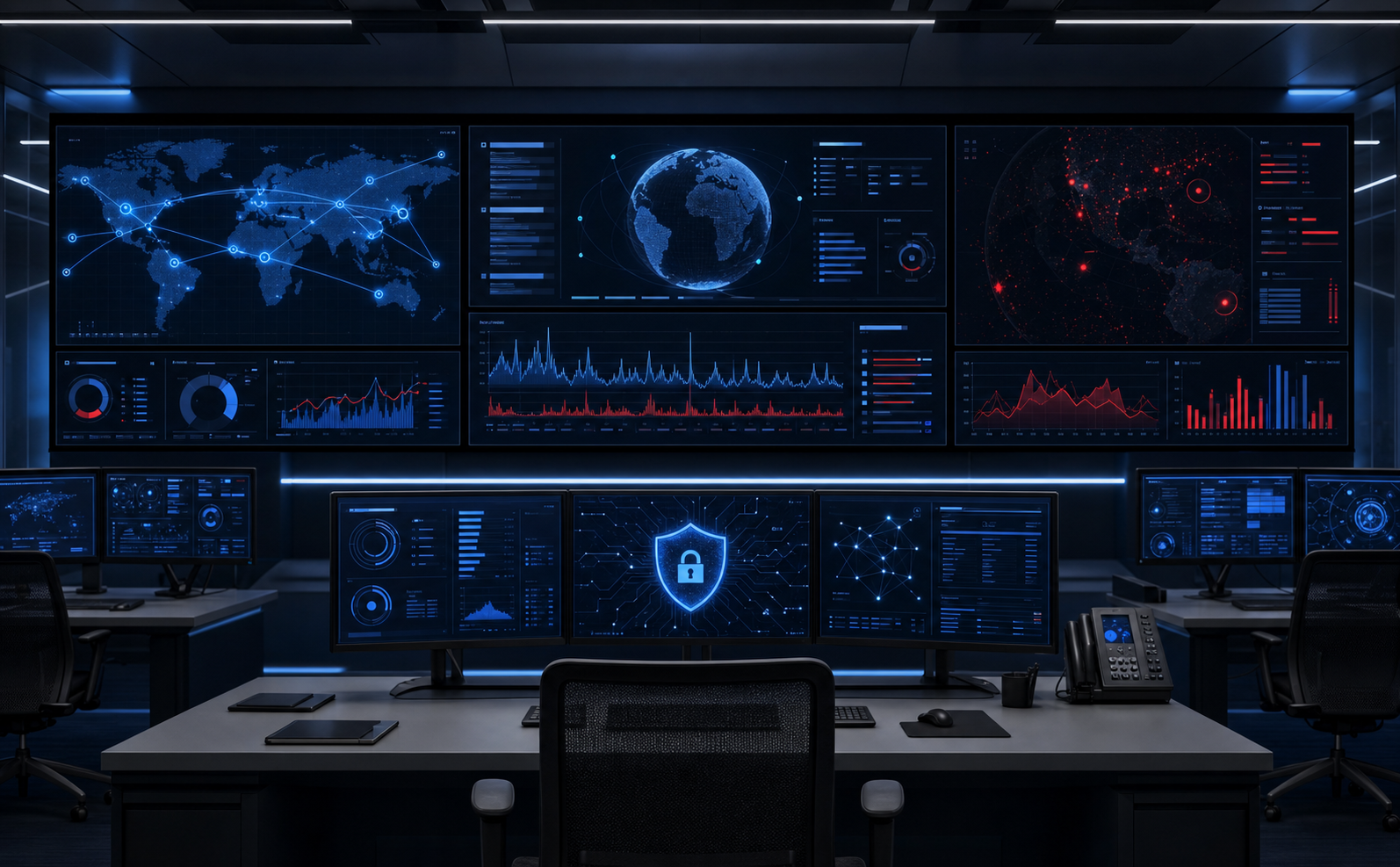 Professional cybersecurity command center monitoring dashboard showing multiple screens with network analysis, threat detection visualizations, data streams, and security intelligence feeds. Modern dark interface with blue and red accent colors representing digital surveillance and protective monitoring systems. High-tech corporate security operations center atmosphere with clean, professional aesthetic.