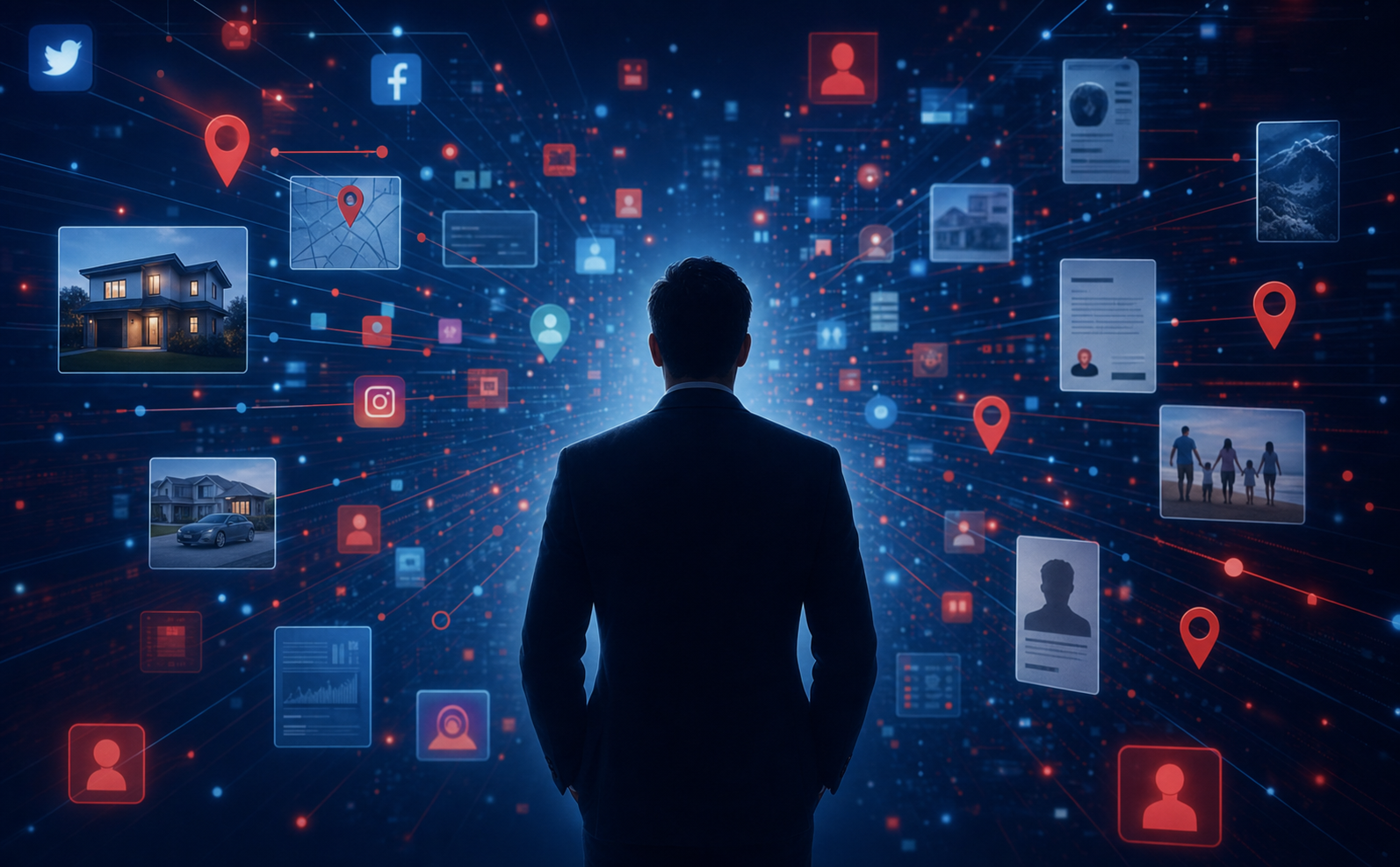 Professional conceptual illustration showing digital footprint and online exposure concept. Visual elements include scattered digital data points, social media icons, location pins, property records, and personal information fragments floating in a digital space, converging toward a silhouette of a business executive. Dark blue and red color scheme suggesting surveillance and risk. Clean, modern corporate aesthetic with layers of interconnected data streams representing how public information assembles into a complete profile. No text or letters.