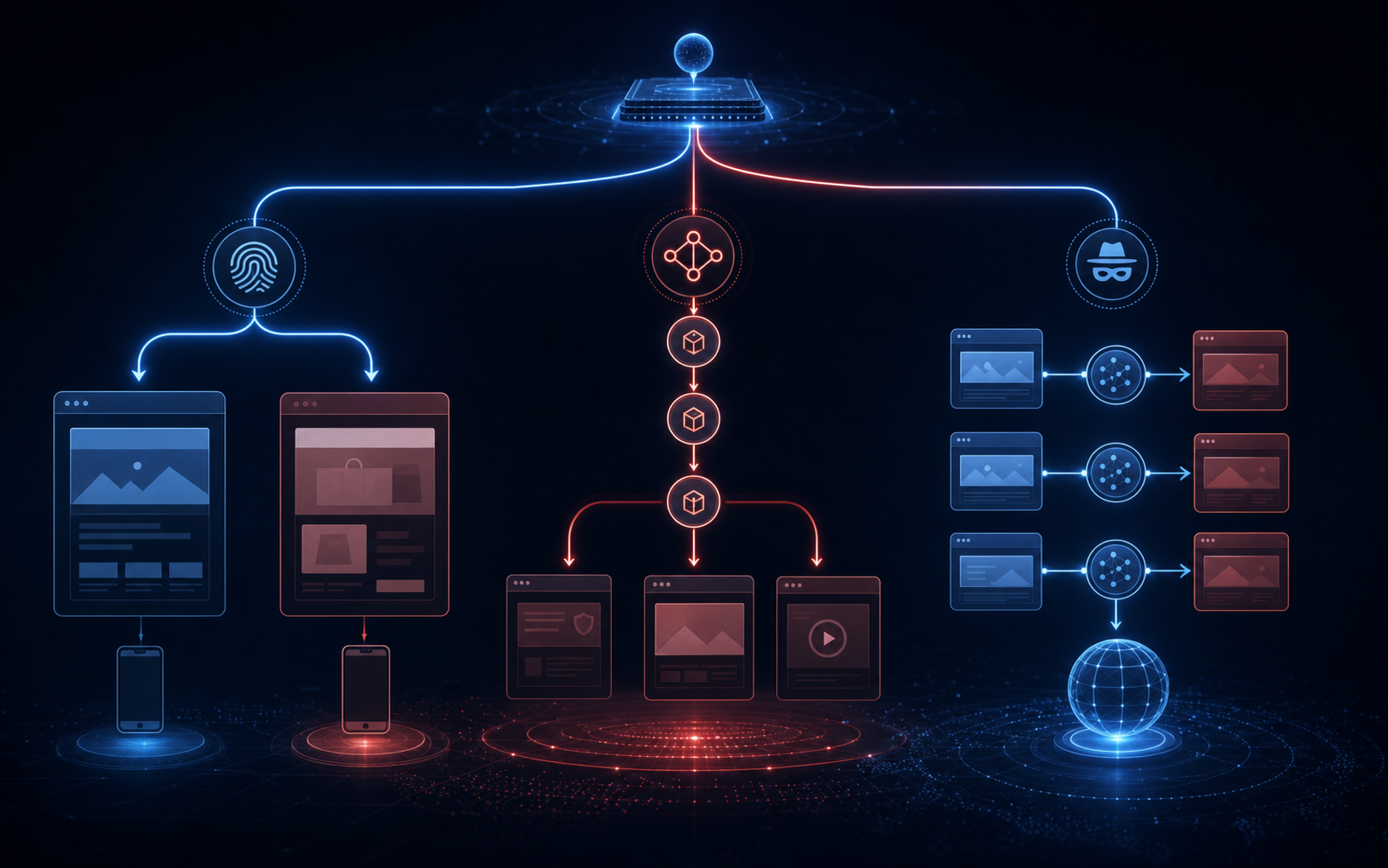 A sophisticated digital illustration showing a branching path visualization of online ad fraud tactics. The image depicts three distinct technical pathways: cloaking with device fingerprinting represented by split screens showing different landing pages, redirect chains illustrated as connected nodes leading from one domain to another through intermediary hops, and domain preview abuse shown as lookalike URLs routing to different destinations. Use a dark tech aesthetic with glowing connection lines, abstract network nodes, and layered transparent screens to represent the deceptive infrastructure. Professional cybersecurity style with blue and red accent colors.