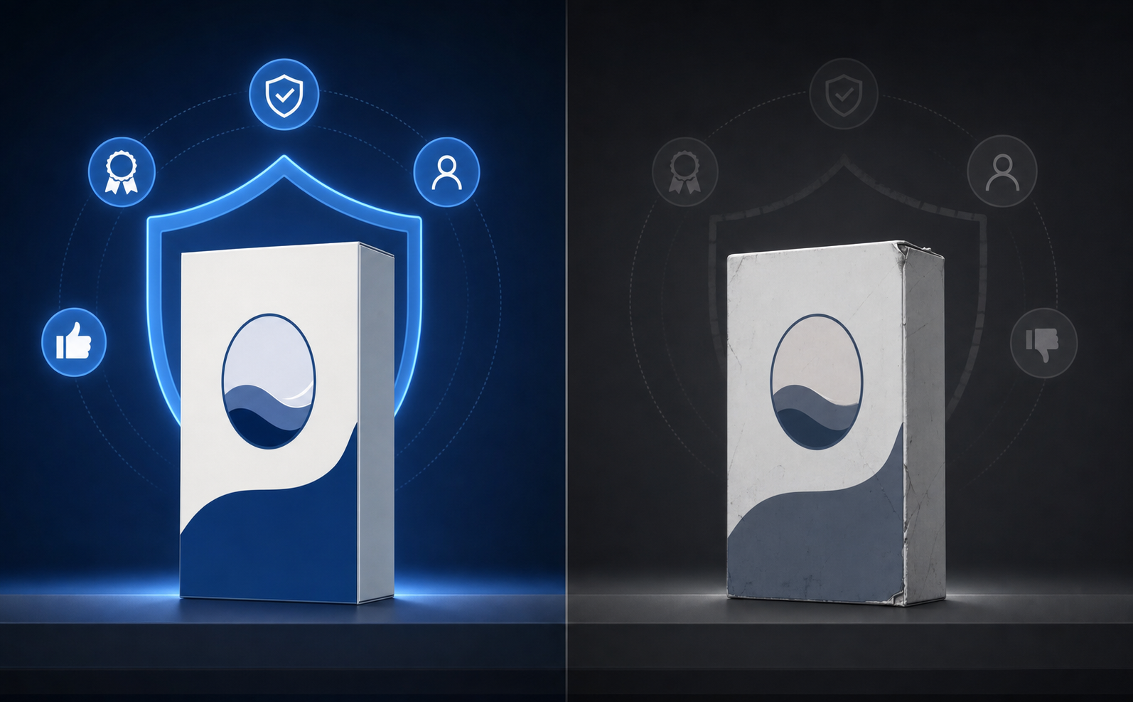 A split-screen illustration showing two identical product boxes side by side — one genuine with clean packaging and quality finish, one counterfeit with subtle imperfections — placed on a retail surface, with abstract brand equity symbols like shields and trust indicators glowing around the authentic product and fading around the fake one, dark background with accent lighting, flat modern illustration style, no text or letters