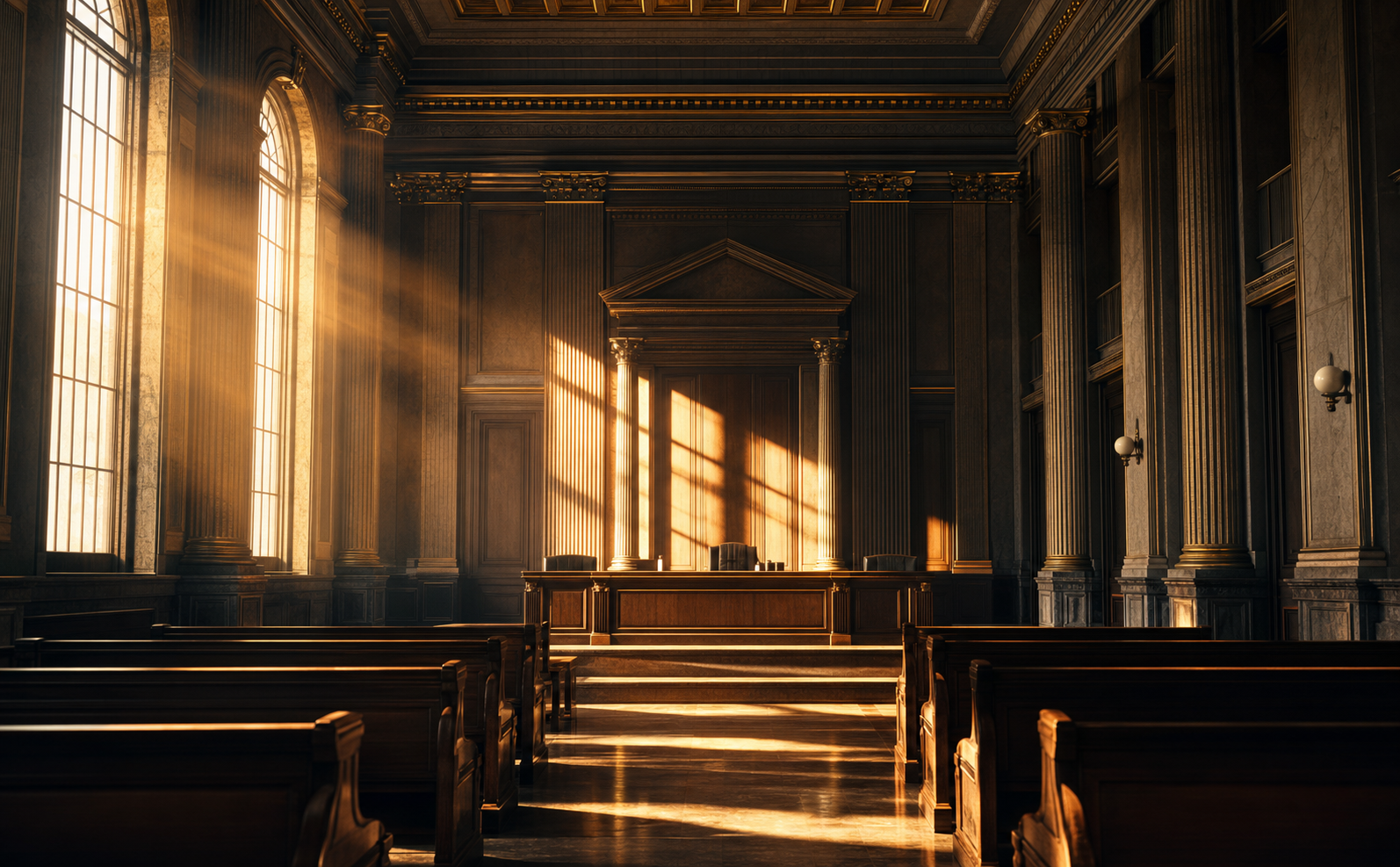 A dramatic wide-angle courtroom interior with wooden benches, towering columns, and large windows casting dramatic light across an empty judge's bench, symbolizing legal authority and justice, cinematic photography style with deep shadows and golden light, no people present
