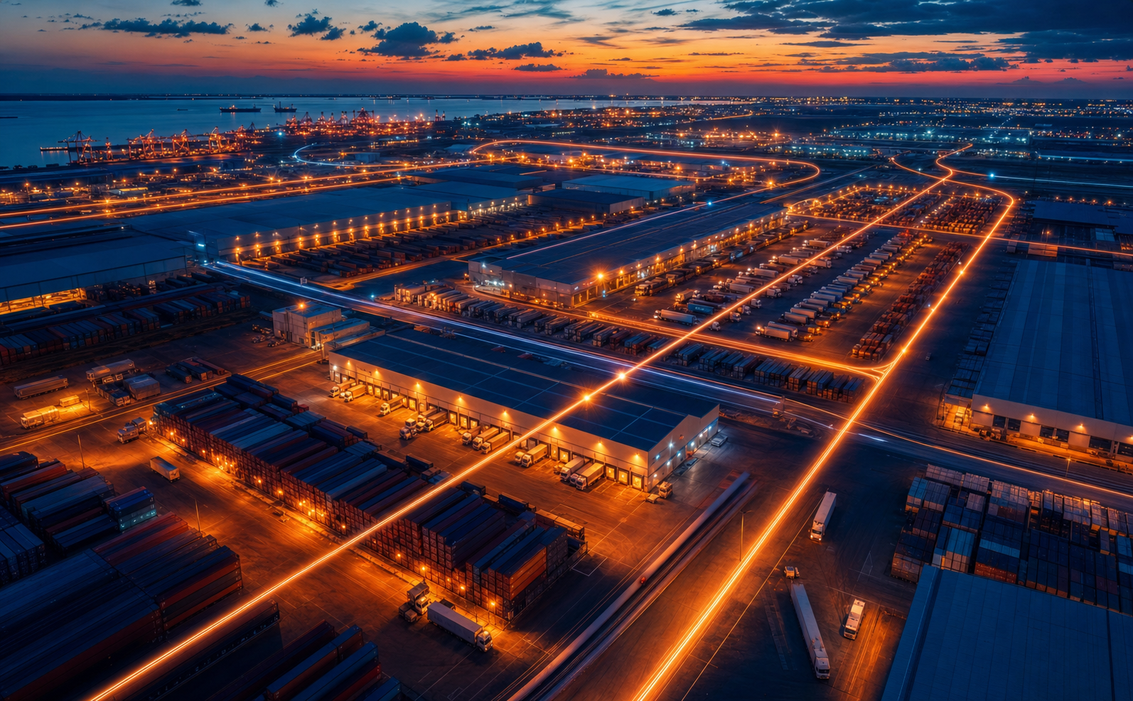 A dramatic aerial view of a massive global shipping and logistics hub at dusk, with cargo containers in rows, delivery trucks, and warehouse facilities spread across a vast landscape, interconnected by glowing transport routes, symbolizing the scale of international e-commerce and marketplace supply chains, cinematic photography style with deep blue and orange tones, no people visible