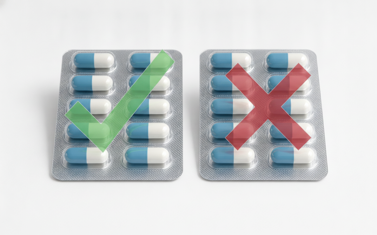 A close-up view of two identical pharmaceutical blister packs side by side on a clean white surface, one genuine and one counterfeit, both with perfectly matching silver foil, identical pill shapes, and matching label colors — the difference between them invisible to the eye, conveying the deceptive precision of modern pharmaceutical counterfeiting