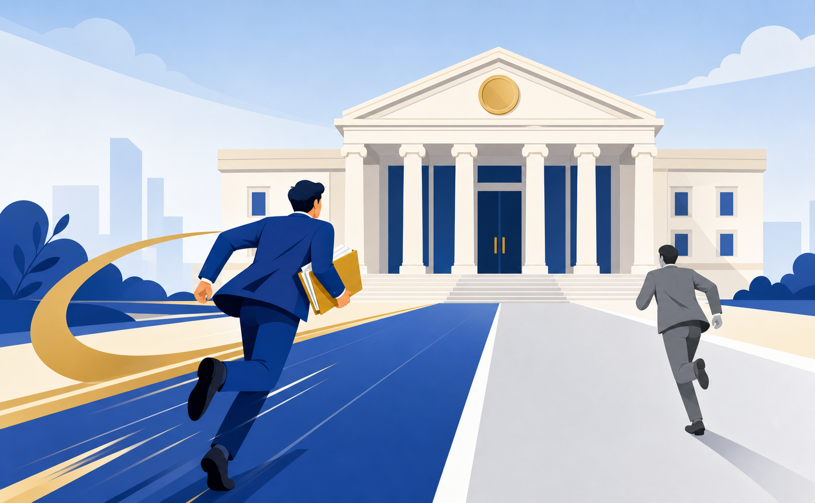 A symbolic illustration of two business people in a competitive race toward a large official government building with a classical facade, one person holding a folder of documents arriving first at the entrance, representing the concept of filing priority and trademark registration speed, flat modern illustration style, blue and gold color palette, no text