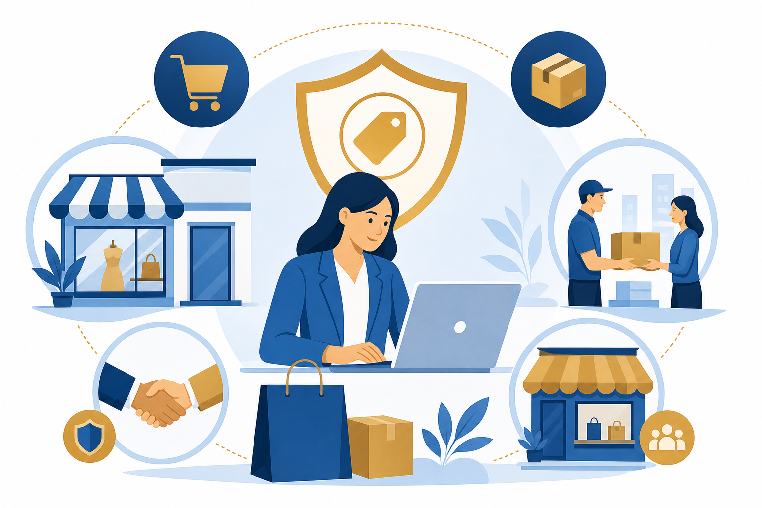 A symbolic illustration of a business person actively using a product or service in a marketplace, surrounded by commerce symbols like storefronts, handshakes, and exchange of goods, representing the concept of trademark rights earned through actual use in commerce, flat modern illustration style, blue and gold color palette, no text, no letters, no words