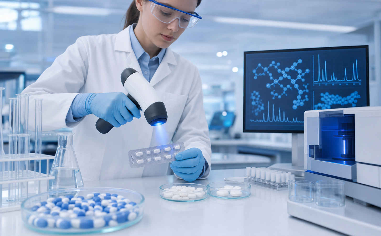 A high-tech pharmaceutical laboratory setting with a scientist holding a blister pack under a handheld Raman spectrometer device emitting a blue scanning light, surrounded by scientific equipment, tablet pills in petri dishes, and a digital screen showing molecular analysis graphs, photorealistic style, cool blue and white tones, no text or labels