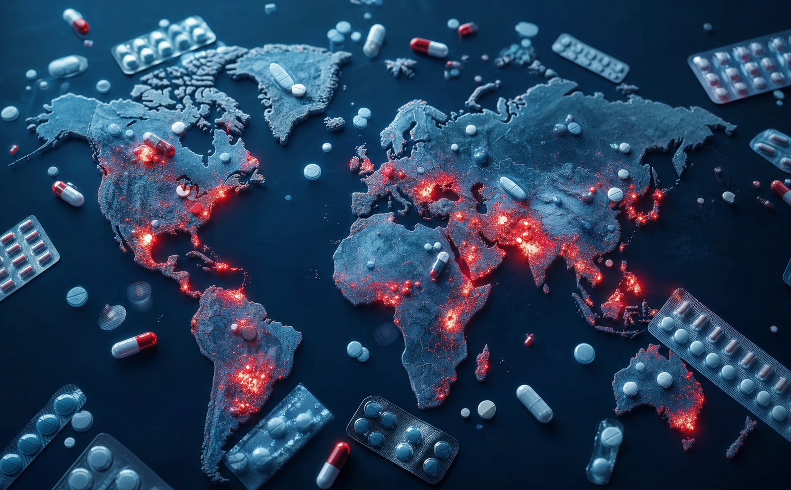 A dramatic world map rendered in deep blue tones with glowing red hotspots marking regions heavily affected by counterfeit pharmaceuticals, overlaid with translucent pill capsules and blister packs scattered across continents, conveying global scale of a hidden crisis, photorealistic digital art style