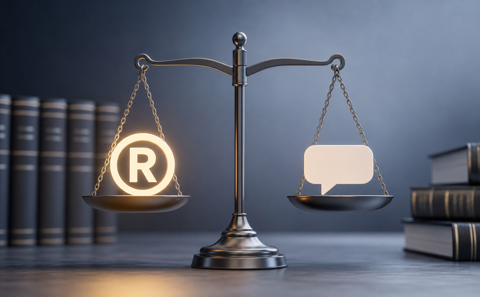 A balanced scale in a professional legal setting, one side holding a glowing trademark symbol and the other side holding a speech bubble representing public expression, surrounded by subtle law book textures and a neutral blue-grey tone, concept of intellectual property balance and fair use, clean modern illustration style