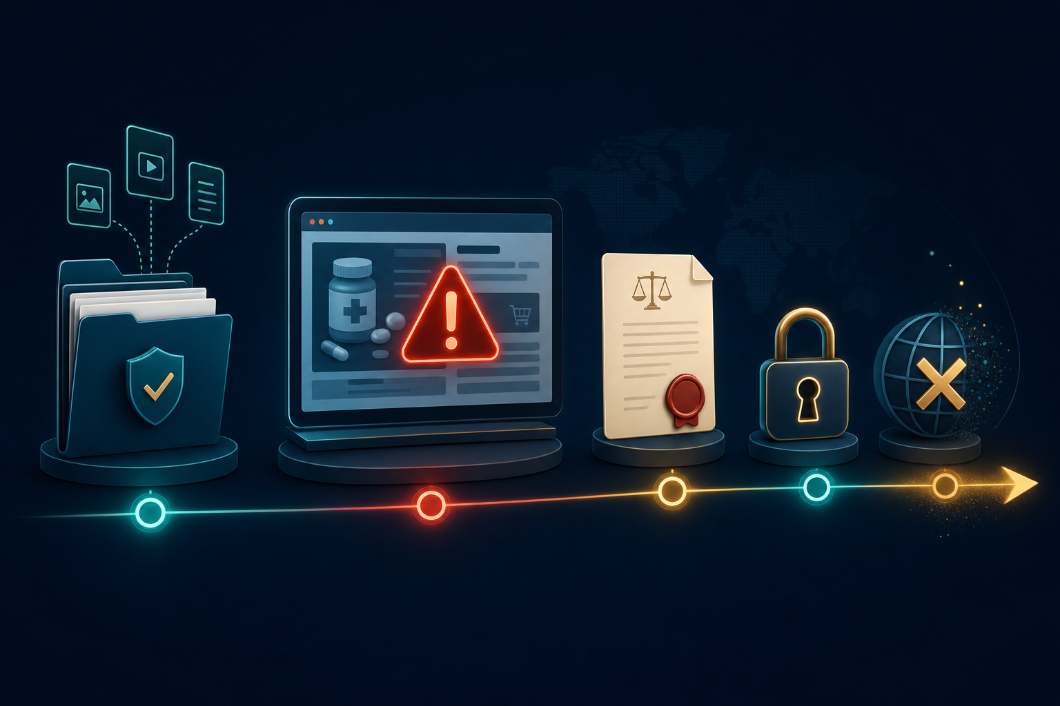 A digital illustration depicting a step-by-step legal enforcement process against an illicit website, showing a glowing computer screen with a rogue pharmacy domain being flagged and blocked, surrounded by icons representing evidence folders, a legal document with a wax seal, a padlock, and a domain registry symbol, all connected by a flowing timeline arrow on a dark navy background with teal and gold accent colors, conveying systematic takedown and domain removal