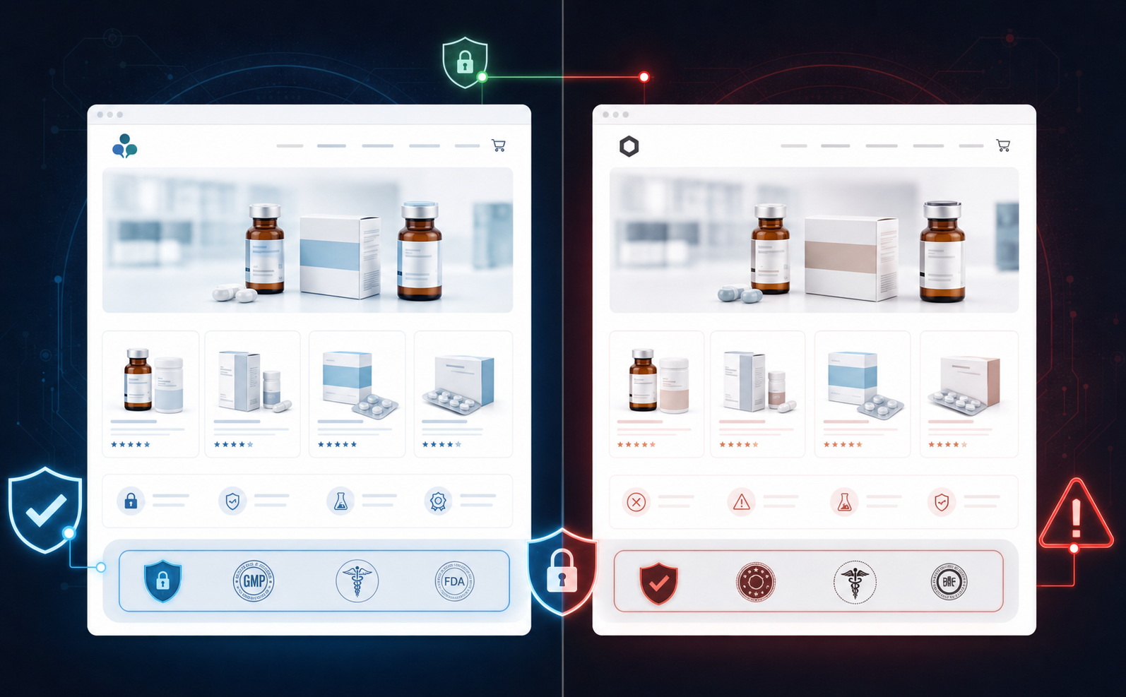 A split-screen digital illustration showing a legitimate pharmaceutical brand website on the left with clean professional design and verified security icons, and a nearly identical fake lookalike website on the right with subtle visual clues of deception — slightly altered logo, copied product imagery, fabricated trust badges — set against a dark cyber-themed background with glowing warning indicators highlighting the differences, no text or labels anywhere in the image