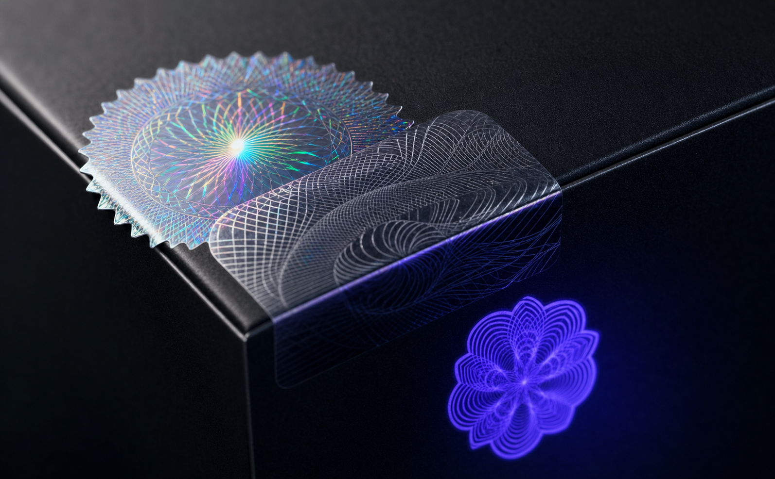 A close-up macro photograph of luxury product packaging featuring layered security authentication elements: a holographic foil seal with rainbow light diffraction, a tamper-evident adhesive label with intricate guilloche patterns, and a UV-reactive ink detail glowing under ultraviolet light, arranged on premium matte black packaging surface, studio lighting, photorealistic, high detail
