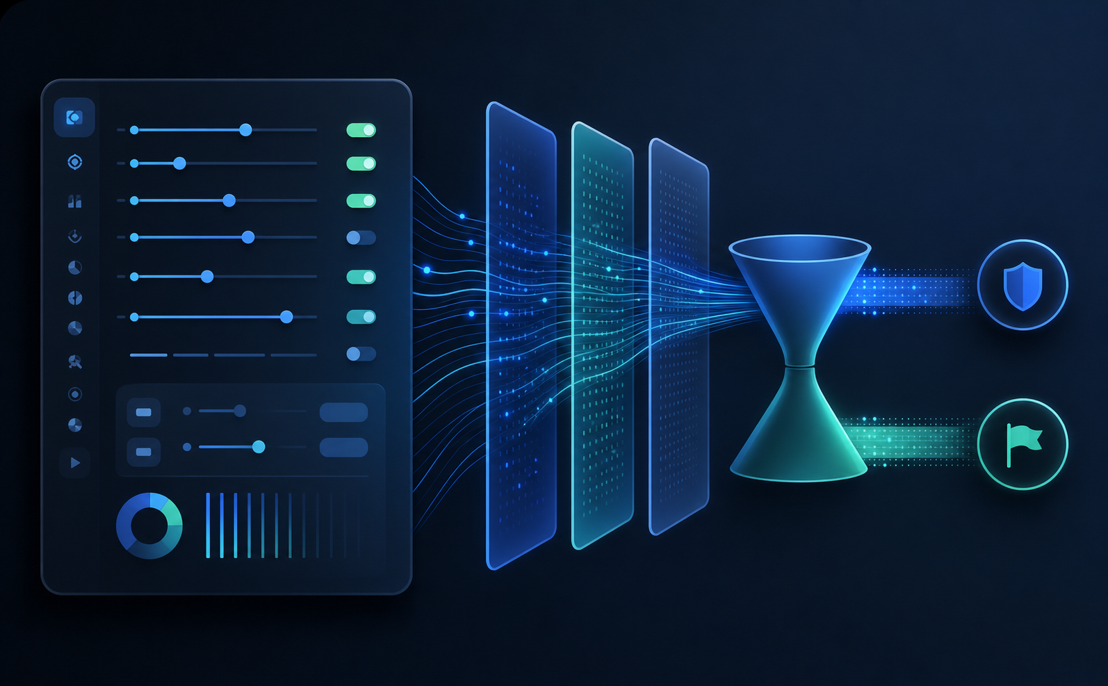 A clean, modern digital dashboard interface concept showing multiple precision control sliders and toggle switches arranged on a sleek dark panel, with glowing green indicators showing active filters, abstract data flow streams passing through layered filter screens, and a visual funnel separating flagged items from cleared ones — blue and teal color palette, no UI labels or text, abstract and conceptual, professional technology aesthetic