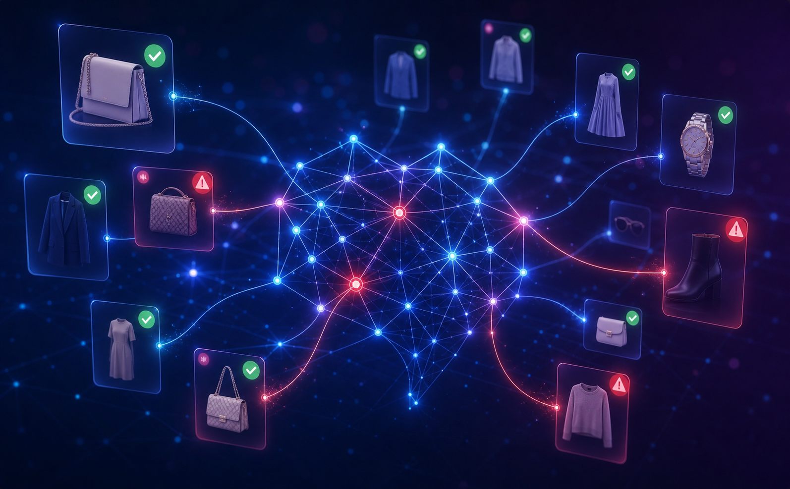 A futuristic AI neural network visualization with glowing nodes and connecting pathways, some nodes highlighted in red indicating false detections, surrounded by floating product listing cards — some with green legitimate checkmarks and some with red warning indicators — creating visual confusion between authentic and counterfeit items, digital blue and purple color palette, abstract and conceptual, no text