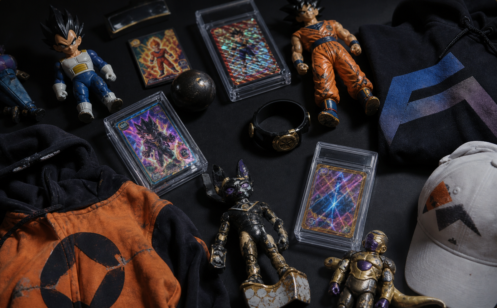 A dramatic flat-lay of counterfeit gaming collectibles and merchandise on a dark surface: fake action figures with visible quality defects, bootleg trading cards with misaligned colors, knockoff apparel with slightly distorted logos replaced by abstract shapes, and imitation holographic grading slabs. Studio lighting with harsh shadows revealing poor manufacturing quality — cracked plastic, faded prints, uneven stitching. Dark moody atmosphere, cinematic product photography style, no text, no letters, no words, no numbers.