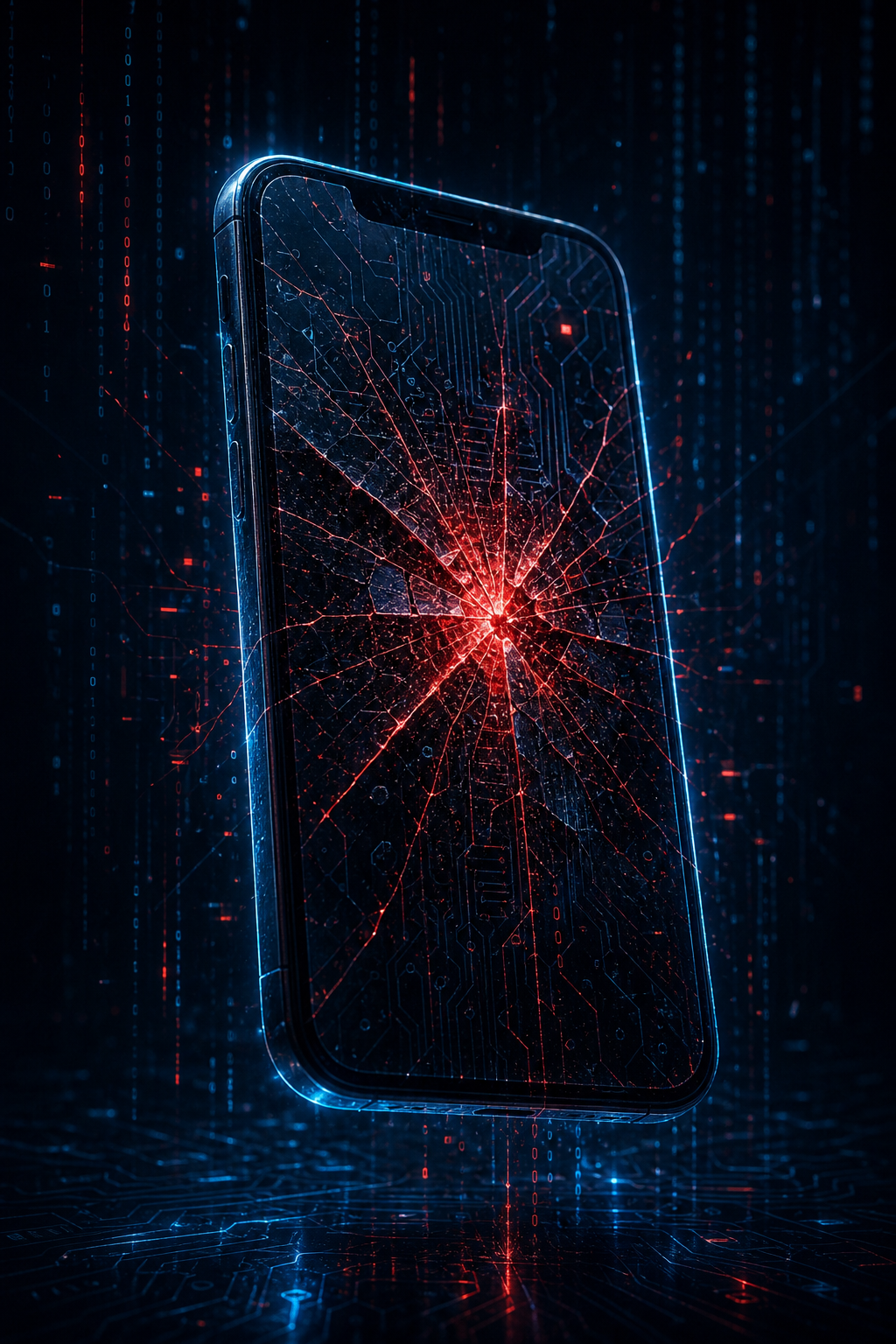 A glowing mobile smartphone with a cracked screen overlaid with dark digital code streams and circuit-board patterns, symbolizing unauthorized modification of a mobile app. The phone floats against a deep dark blue background with faint binary data flowing around it. The crack radiates a sinister red glow. Cyberpunk aesthetic, highly detailed, no text, no letters, no words.
