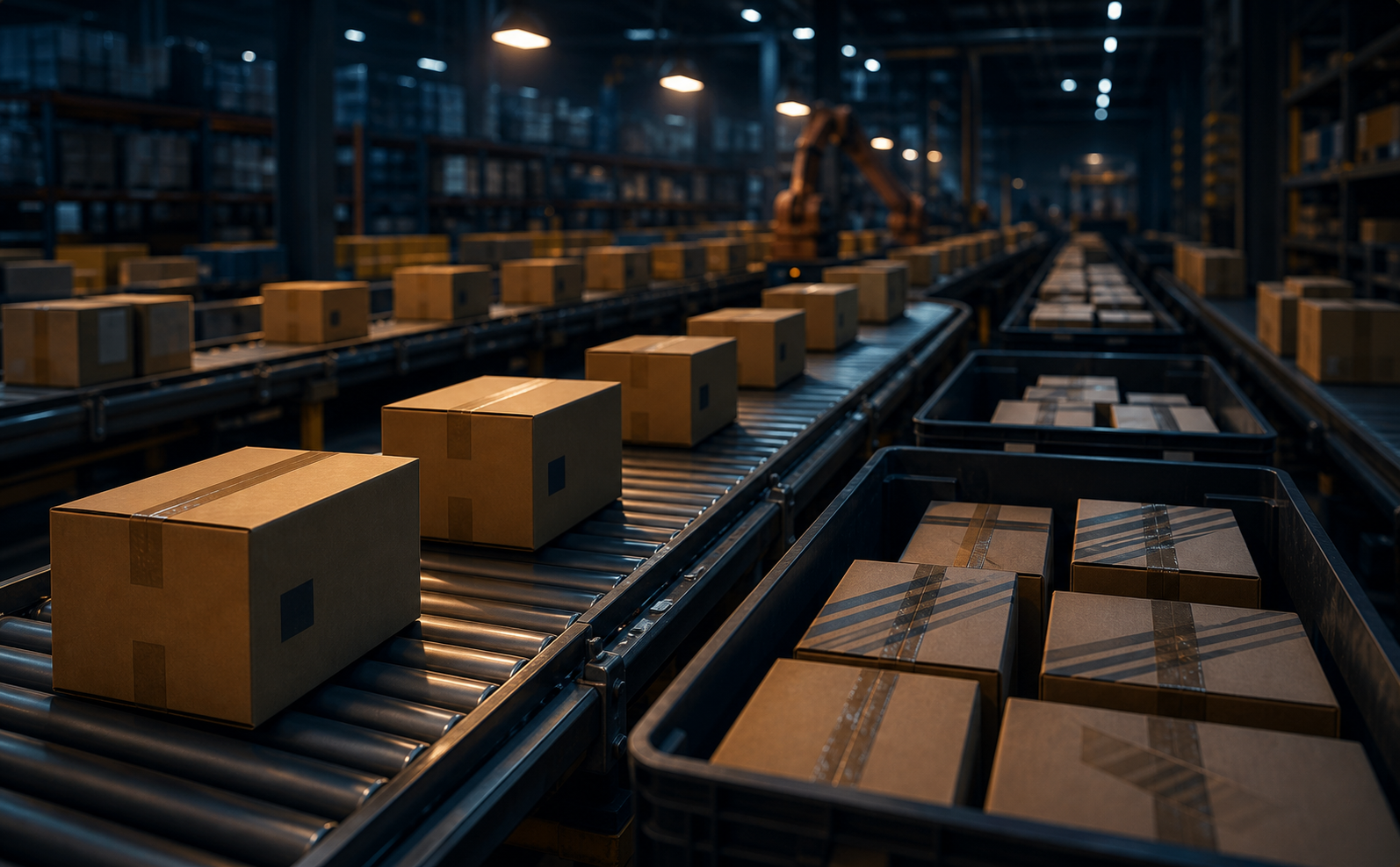 A cross-section view of a warehouse fulfillment operation showing rows of identical product boxes on conveyor belts, with some boxes subtly marked as counterfeit being blended into stacks of authentic products, overhead industrial lighting casting dramatic shadows, a close-up perspective emphasizing the mixing of genuine and fake items in shared storage bins, moody cinematic style with deep blue and amber tones, no text or labels anywhere