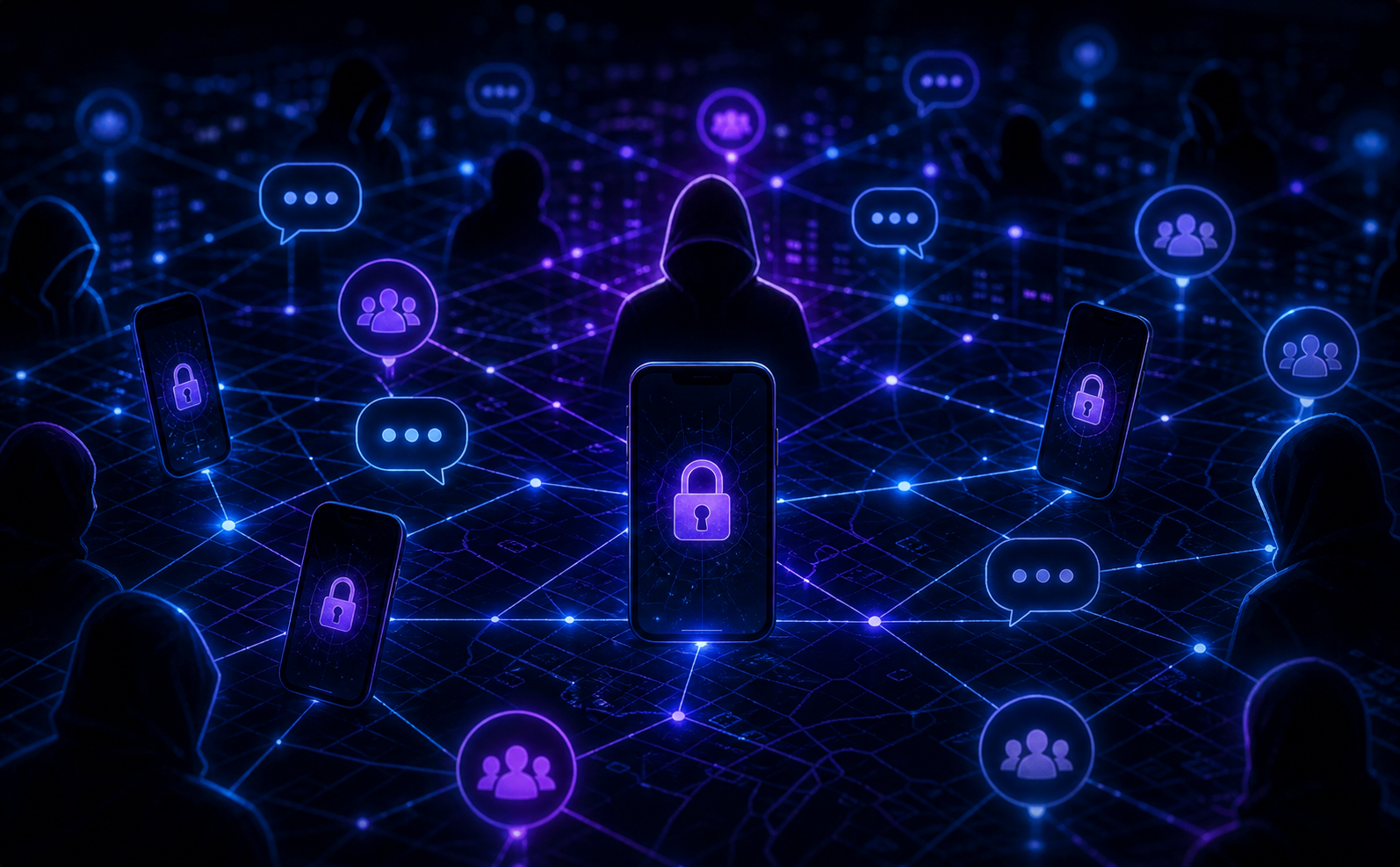 A dark digital underground network visualization showing interconnected private chat bubbles, shadowy figures, and glowing encrypted channels forming a web of hidden commerce, with smartphone screens displaying locked padlock icons and invite-only group symbols, conveying secretive peer-to-peer distribution networks in a moody blue and purple cyberpunk aesthetic, no text or labels anywhere