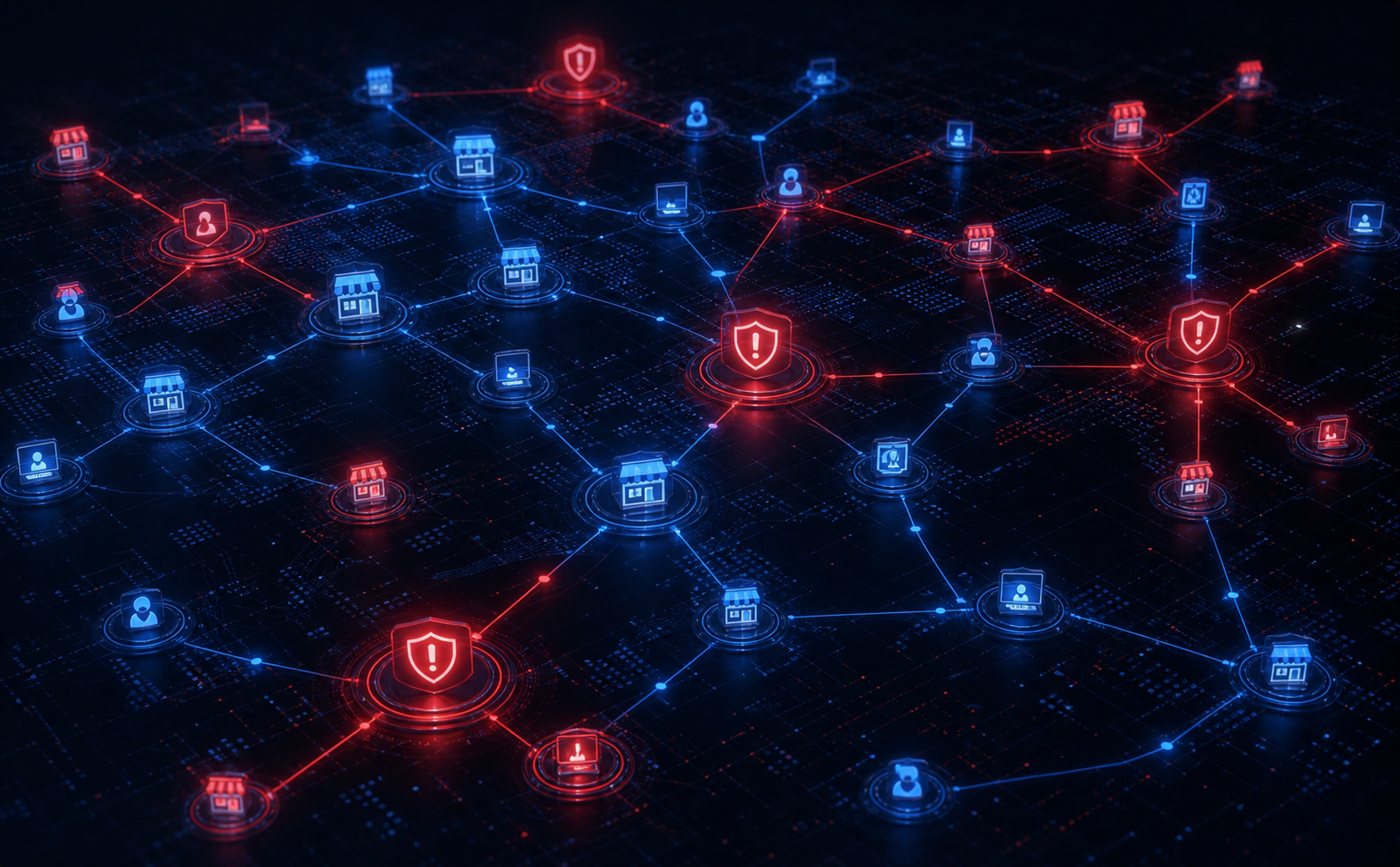 A dark digital landscape showing a sophisticated network of interconnected glowing nodes and branching pathways, with some nodes displaying warning shield icons and danger signals, representing a web of fraudulent online infrastructure — fake domains, cloned storefronts, and deceptive social profiles spreading across a digital grid, viewed from above, cyberpunk aesthetic, deep blues and reds, no text or labels