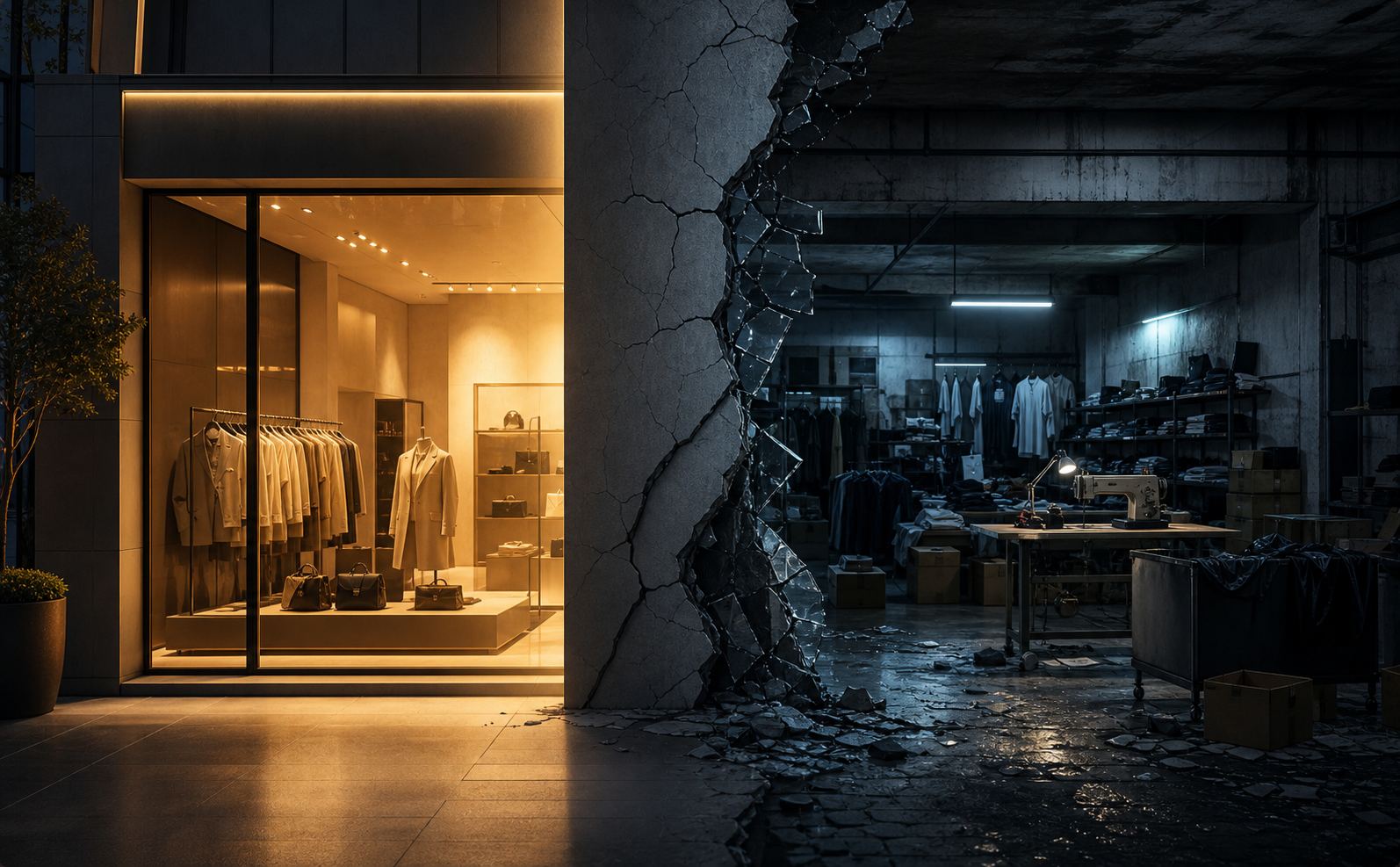 A cracked and shattered luxury brand storefront facade revealing a dark, deceptive interior behind it, symbolizing brand trust erosion from impersonation fraud. The exterior shows a polished, glowing brand identity while the interior shows shadowy counterfeit operations. Split-scene visual with warm golden light on the authentic side and cold blue-gray tones on the fraudulent side. Photorealistic digital art, cinematic lighting, no text or labels.