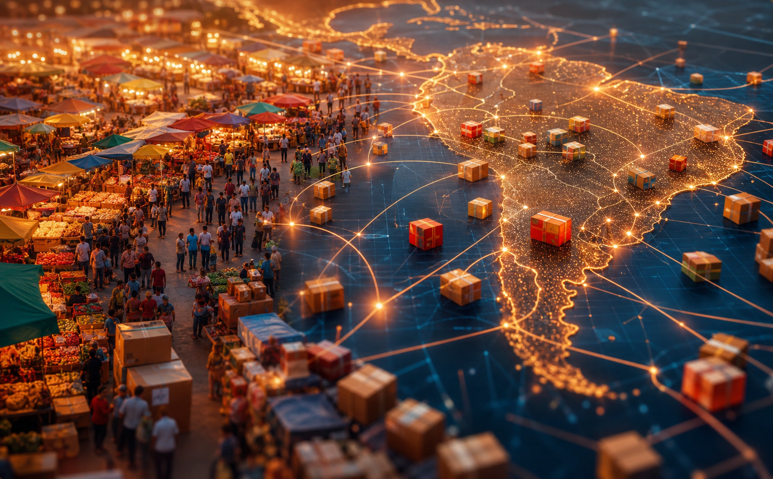 A wide aerial view of a vibrant Latin American open-air market blending seamlessly into a glowing digital marketplace interface, with product boxes and packages flowing through illuminated network lines across a map of South America, conveying the scale and complexity of cross-border e-commerce and counterfeit goods risk, rich warm colors, cinematic lighting, no text
