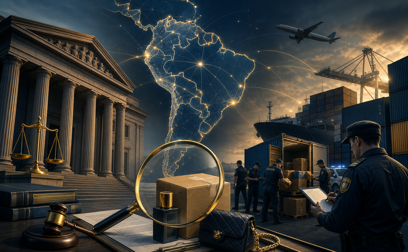 A dramatic wide-angle illustration of a formal legal and customs enforcement environment in Latin America, featuring a courthouse with classical columns blending into a busy international port with shipping containers being inspected by officials in uniforms, a magnifying glass hovering over documents and product packages, interconnected country borders of South America glowing with enforcement network lines, deep navy and gold color palette, cinematic lighting, no text or letters anywhere