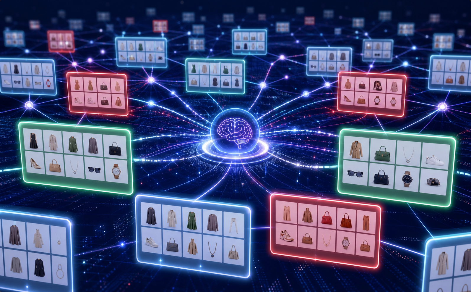 A futuristic digital interface showing an AI system scanning and analyzing thousands of product listings across multiple glowing screens simultaneously. Abstract neural network nodes connect floating marketplace grid panels filled with product thumbnails. Some panels are highlighted in red to indicate flagged suspicious items, while others glow green for verified authentic products. Deep blue and purple tones with bright white data streams flowing between nodes, conveying large-scale automated detection across a vast digital network. No text, no letters, no words.