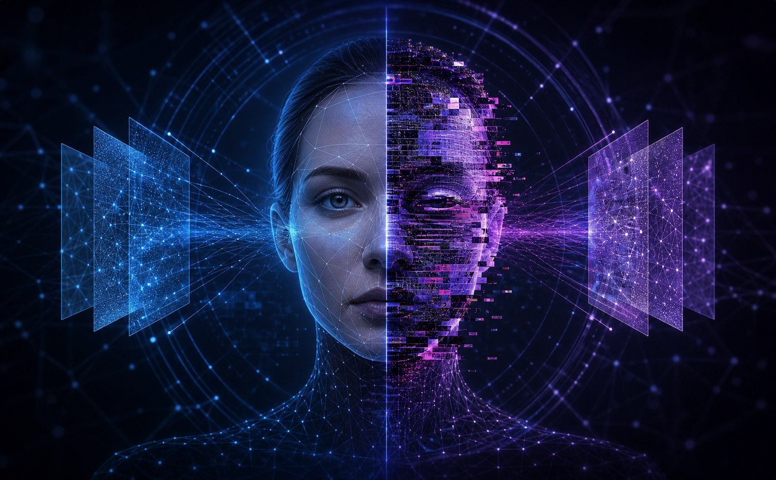 A dark, atmospheric digital security scene depicting layered deepfake detection technology. A translucent human face silhouette split down the middle — one side showing a genuine face with clean biometric data streams, the other side revealing a fragmented, glitchy synthetic face with distorted pixel artifacts and misaligned contours. Surrounding the face, concentric rings of network nodes pulse with soft blue and purple light, scanning and analyzing the image. Abstract neural pathways and data flow lines connect to floating detection layer panels. Dark navy background with electric blue and violet highlights, conveying high-tech forensic analysis of synthetic media. No text, no words, no letters.