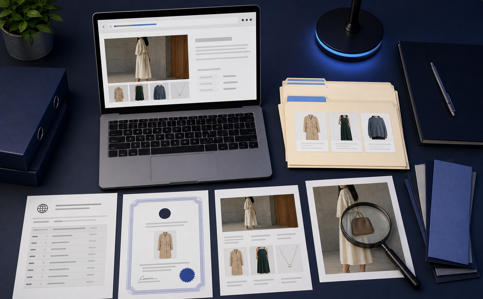 A professional flat-lay style illustration of a digital evidence package being assembled on a clean desk: a laptop screen showing a browser with a URL bar and screenshots, printed WHOIS lookup documents, a trademark registration certificate, organized file folders labeled with dates, and a magnifying glass examining a product photo — all arranged methodically on a dark navy surface with cool blue accent lighting, conveying thoroughness and legal precision