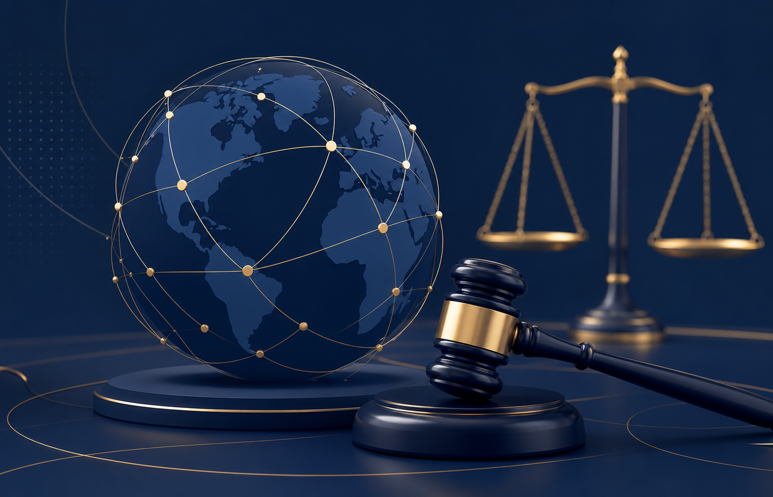 A clean, professional digital illustration showing a domain arbitration and dispute resolution concept: a stylized globe with interconnected domain name strings and a gavel resting on a sleek surface, with abstract legal scales in the background, deep navy and blue tones with gold accents, flat design style conveying authority and international legal proceedings, no text or letters anywhere in the image