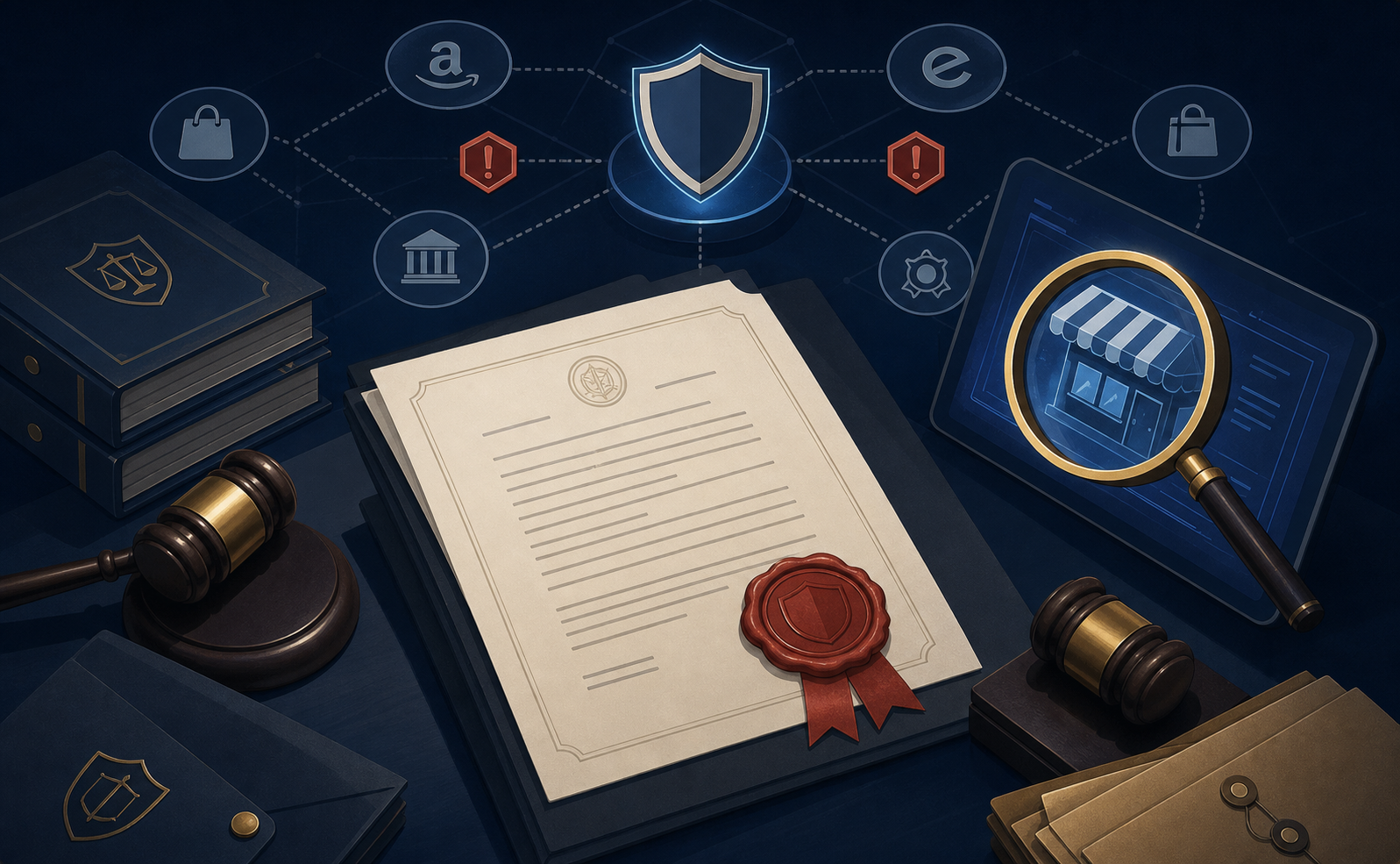 A dramatic overhead view of a courtroom-style enforcement scene rendered as a stylized flat illustration — a large official document with a red wax seal on a dark desk, surrounded by gavels, stacked legal folders, and a magnifying glass examining a marketplace storefront icon on a glowing screen, all set against a deep navy background with subtle geometric network lines connecting enforcement icons like shields, warning badges, and platform logos, no text or words anywhere