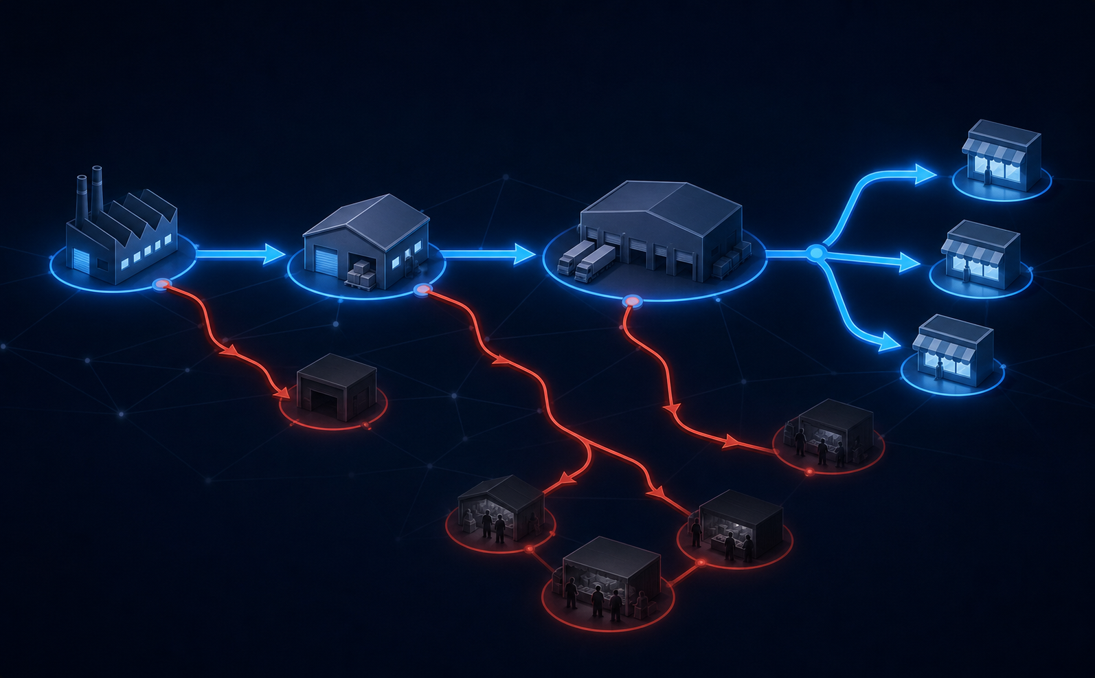 A stylized supply chain diagram showing legitimate product flow from a manufacturer through authorized distributors and retailers, with a branching leak path diverting goods into shadowy gray market channels — illustrated as glowing blue legitimate arrows contrasting with dark red diversion arrows splitting off at key nodes, set against a dark navy background with abstract network lines connecting warehouse and storefront icons, no text or labels anywhere in the image