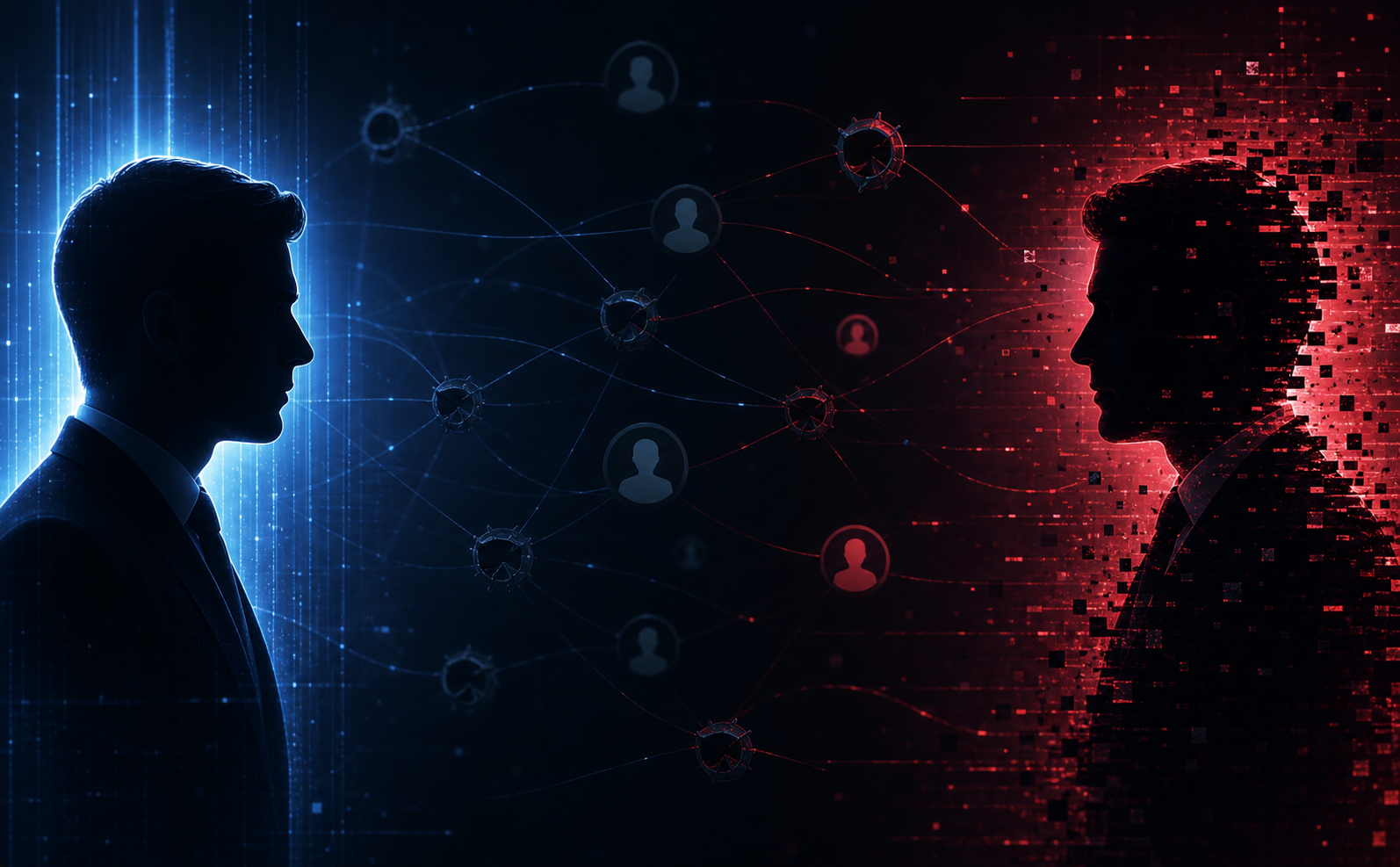 A surreal digital illustration depicting executive impersonation and identity spoofing in a corporate setting. A split-screen visual showing a legitimate executive silhouette on the left side, glowing with authentic blue light, and a fragmented digital clone on the right side, made of broken pixels and red distorted light. Between them, a web of dark phishing lines, phantom domain symbols, and shadowy social media profile outlines stretch across a dark cyber background. Deep blue and crimson color palette, high contrast, no text, no letters, no words.