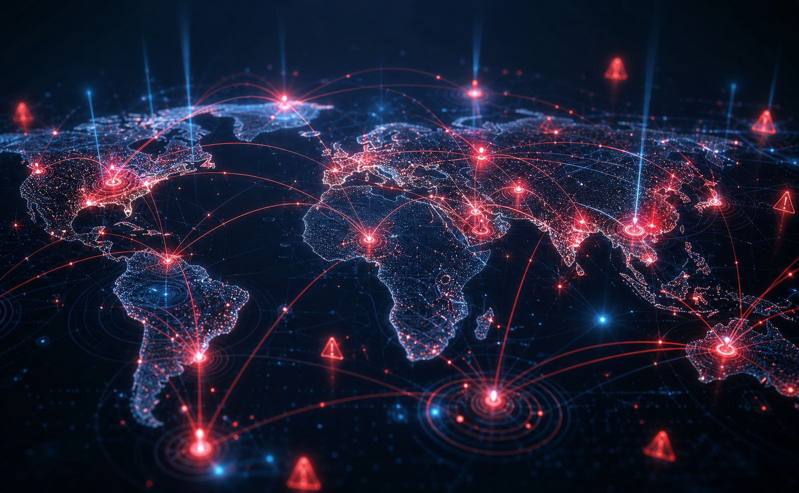 A dramatic wide-angle digital illustration of a global network map with glowing nodes and interconnected lines spanning continents, representing the vast scale of counterfeit and brand fraud activity worldwide. Dark background with deep blue and red accent colors, highlighting hotspot regions with pulsing glow effects. Abstract data streams and warning signals radiate from key nodes, conveying surveillance, threat detection, and the sheer magnitude of digital brand threats across international markets. No text, no labels, no letters.