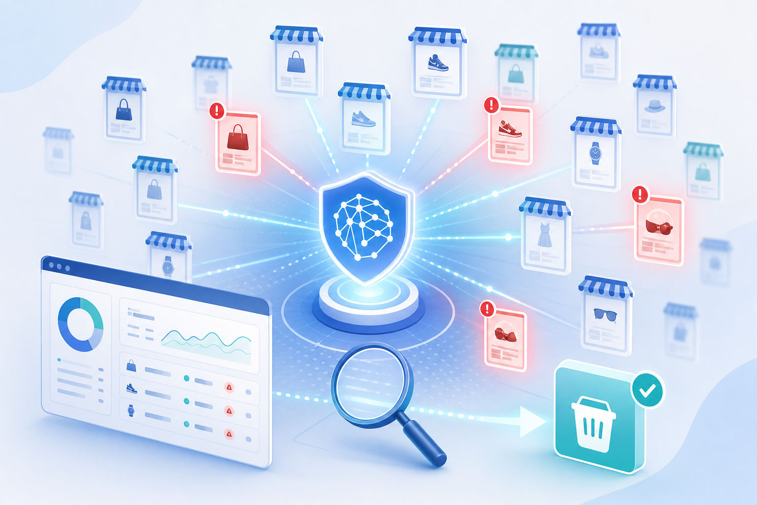 A clean, modern flat-illustration conceptual visual representing AI-powered online monitoring and automated detection of counterfeit products across e-commerce marketplaces. Show a central abstract AI/neural-network node or shield icon radiating glowing scanning beams toward many small floating marketplace storefront and product listing cards, some highlighted and flagged as suspicious with subtle warning markers. Include stylized magnifying glass and dashboard panel elements suggesting continuous automated surveillance and rapid takedown. Use a professional blue and teal color palette with soft gradients on a light background, conveying speed, accuracy, and digital technology. No text, no words, no letters, no numbers anywhere in the image.