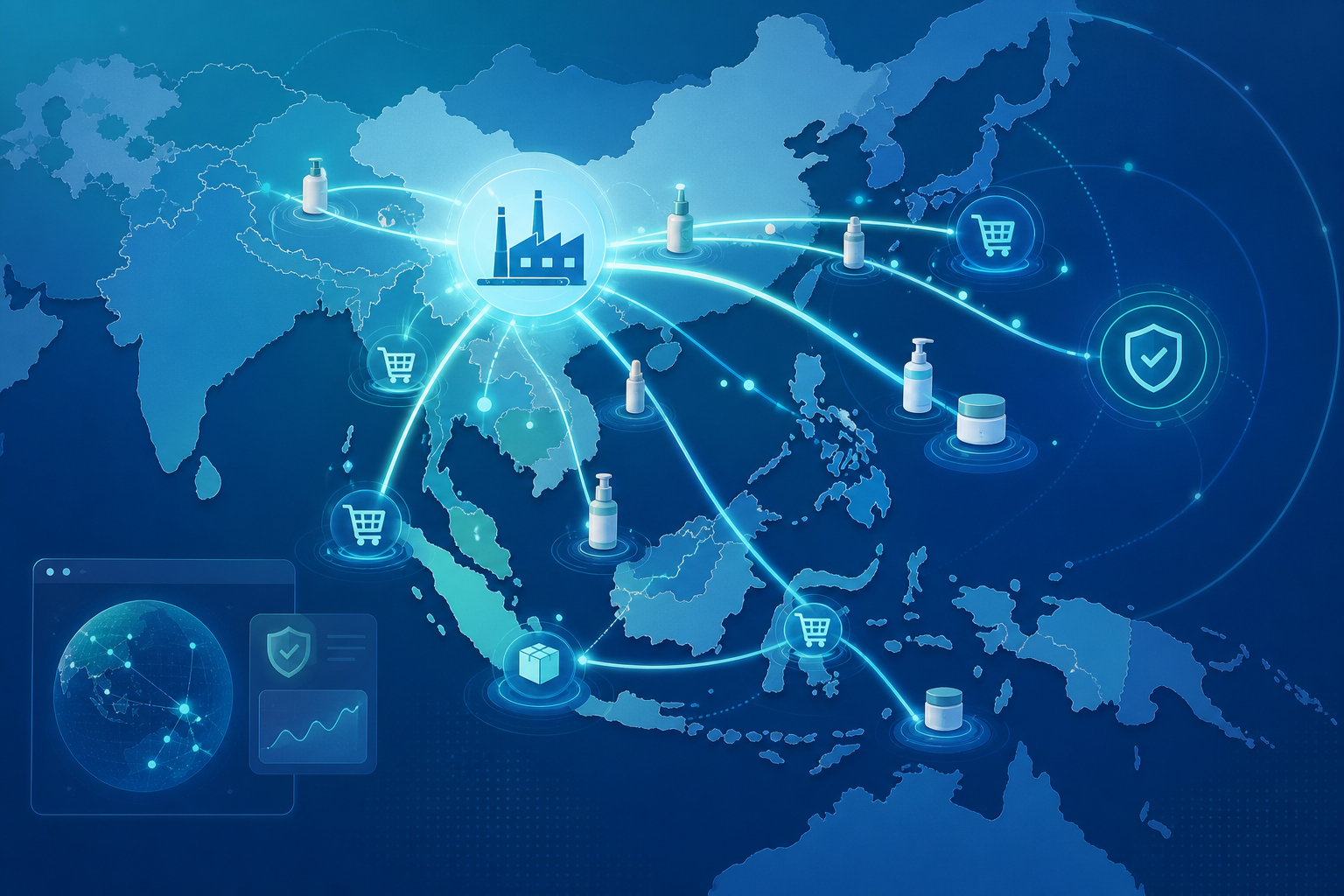A clean, modern flat-illustration style conceptual visual of cross-border e-commerce counterfeit distribution across Southeast Asia and China. Show a stylized world map focused on the Asia-Pacific region with glowing connection lines flowing from a central manufacturing hub to multiple scattered marketplace nodes, represented by abstract shopping cart and package icons. Include subtle cosmetic product bottles and jars as icons flowing along the routes. Use a professional blue and teal color palette with soft gradients, suggesting digital monitoring and detection. No text, no words, no letters, no numbers anywhere in the image.