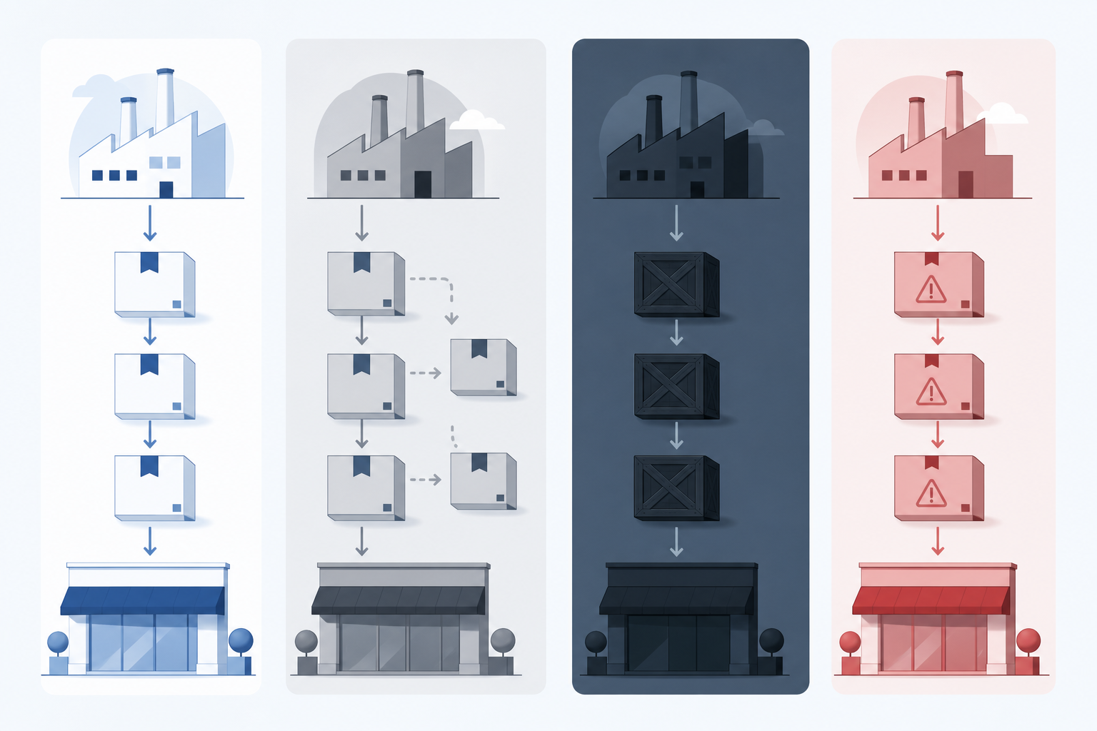 A clean, professional business infographic-style illustration contrasting four distribution channels for branded goods: an authorized white channel, a grey channel, a black channel, and a counterfeit channel. Use four distinct vertical lanes or columns, each represented by abstract product boxes and flow arrows moving from a factory icon to a storefront icon. The authorized lane appears orderly and bright, the grey lane shows genuine boxes diverting sideways off the approved path, the black lane shows shadowed or concealed crates, and the counterfeit lane shows imitation boxes with a subtle warning-mark shape. Modern flat corporate design, muted blue and slate color palette with a single accent for contrast, no text, no words, no letters, no numbers.